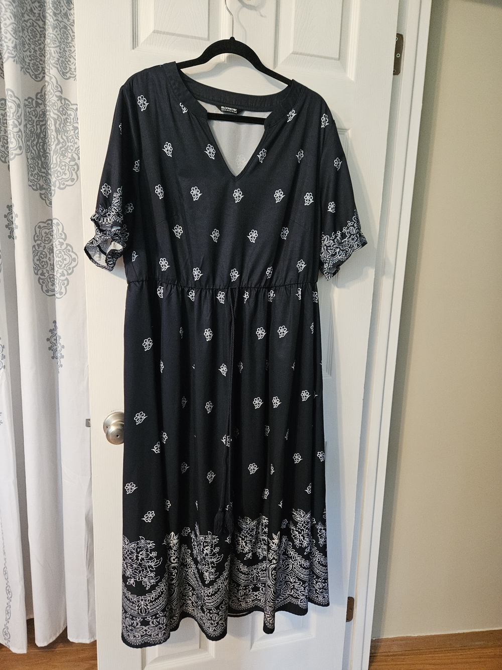 BloomChic Black Maxi Dress with White Border Print